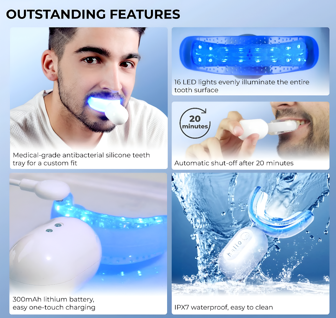 A man using a LED Whitening Device, with a close up to the product, some information and the lights.