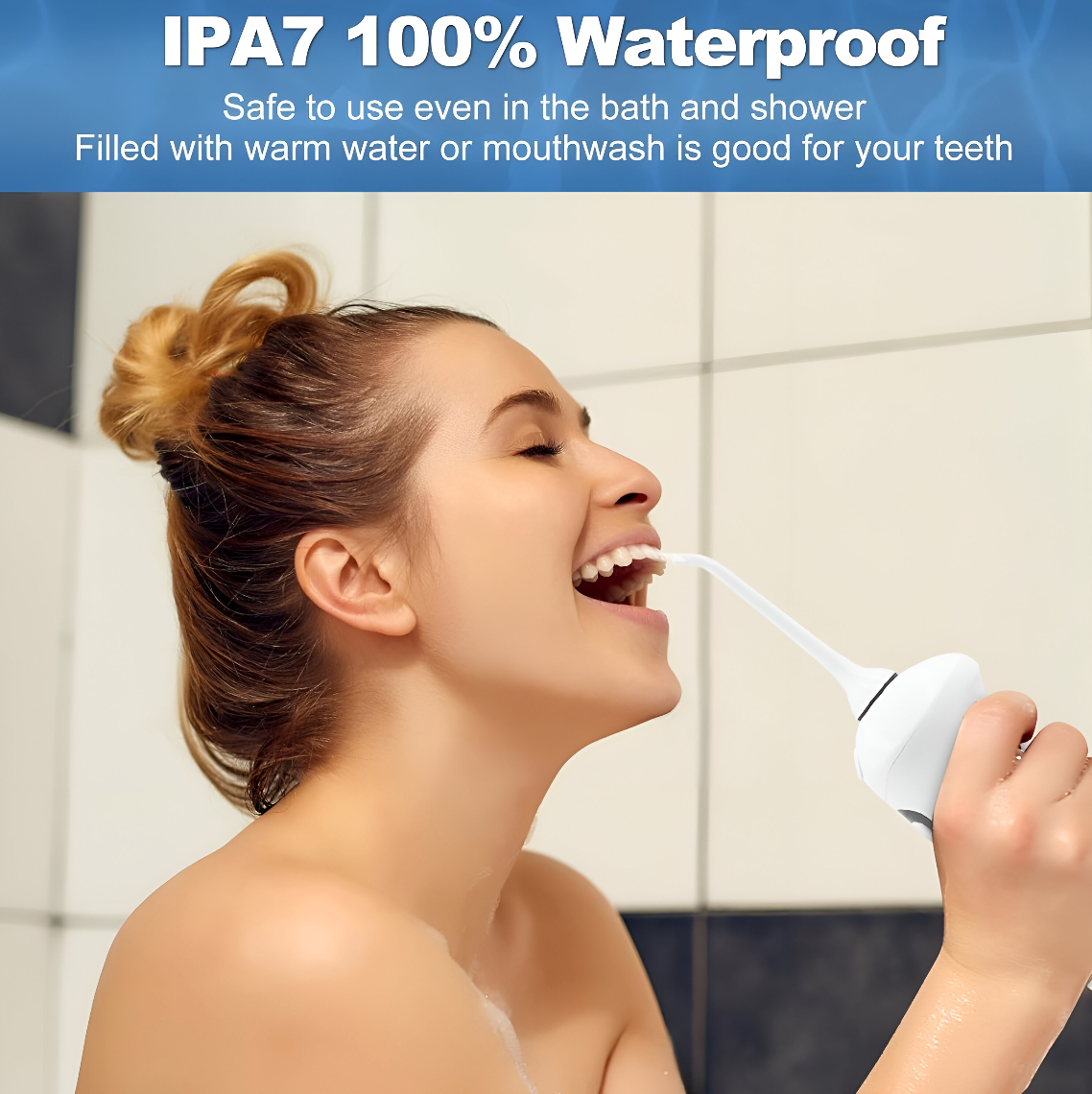 Woman using a portable water flosser which is described as waterproof