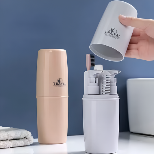 Set of travel-sized toiletries including a beige and white set, a toothbrush and two dispensers