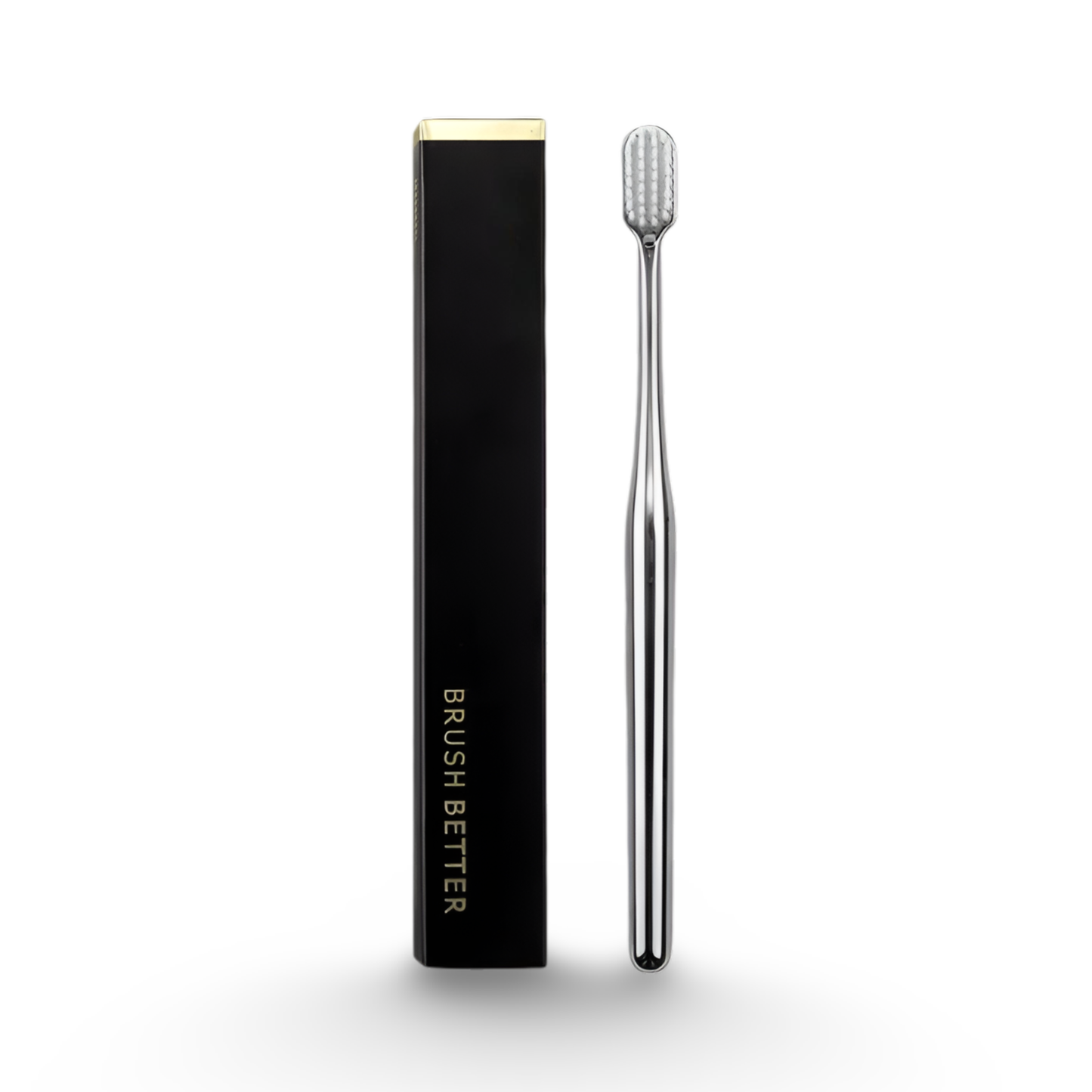 Soft bristle toothbrush with white head and silver body