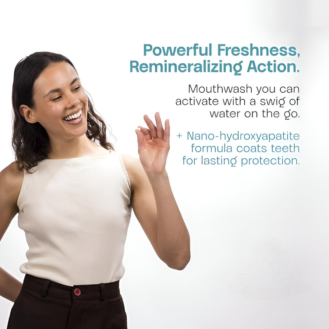 Women holding a mouthwash tablet and some benefits