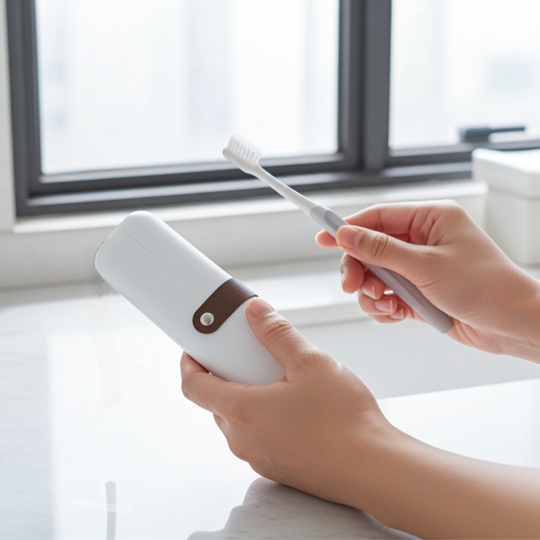 A traveling case with a toothbrush, toothpaste, comb and two dispensers