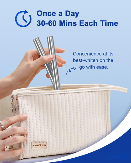 Woman placing to silver whitening pens in a beige bag to use everyday for convenience