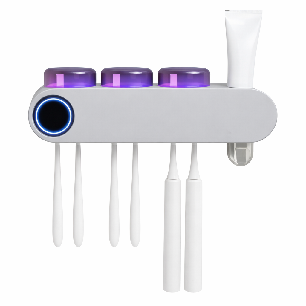 A grey Bathroom Organizer that uses Ultraviolet light to kill bacteria and dispenses toothpaste