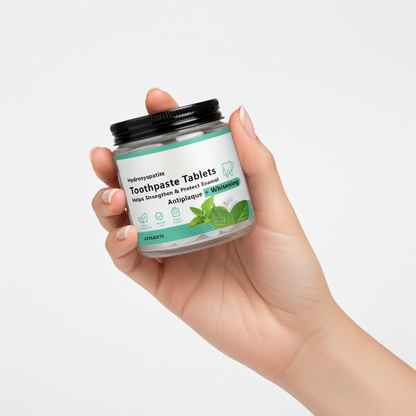 Hand holding a jar of toothpaste tablets with a white background