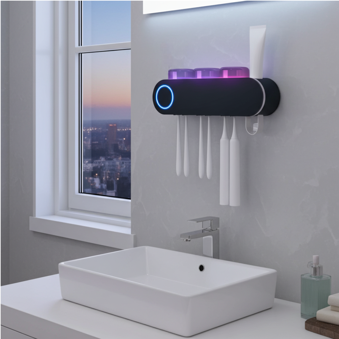 Bathroom setting with a toothbrush holder and sink, featuring a cityscape view through a window.