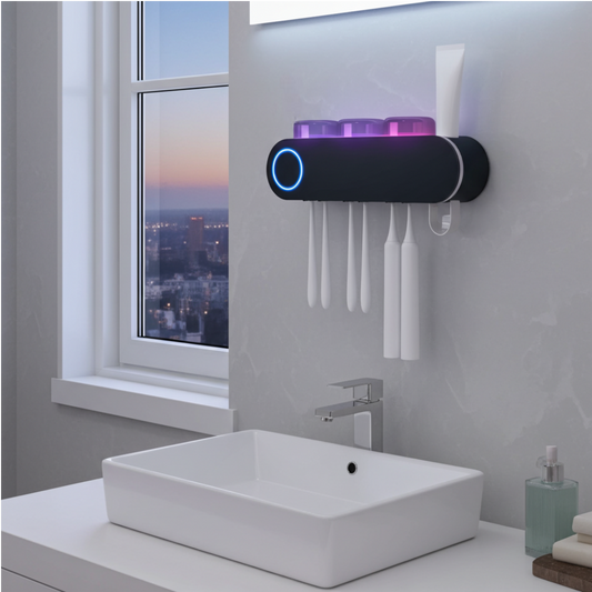 Bathroom setting with a toothbrush holder and sink, featuring a cityscape view through a window.