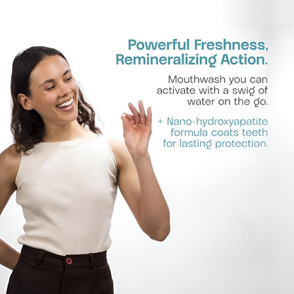 Women holding a mouthwash tablet and some benefits 
